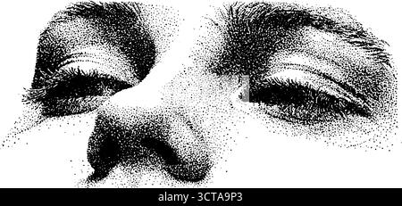 Künstlerische Dotwork-Stippeldarstellung eines menschlichen Gesichts mit geschlossenen Augen. Stock Vektor
