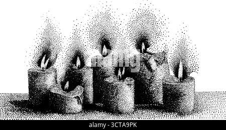 Kompliziertes Punktmuster brennender Kerzen für dekorative Drucke. Stock Vektor