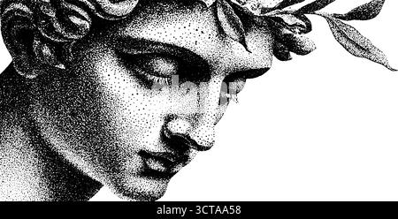 Komplizierte Punktstippelillustration einer klassischen Figur mit Blattkrone für künstlerisches Design. Stock Vektor