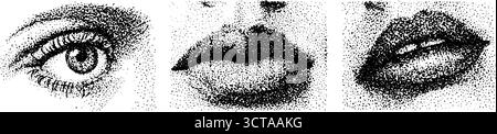 Detaillierte Dotwork-Illustration von isolierten Augen und Lippen für künstlerische Gestaltung. Stock Vektor