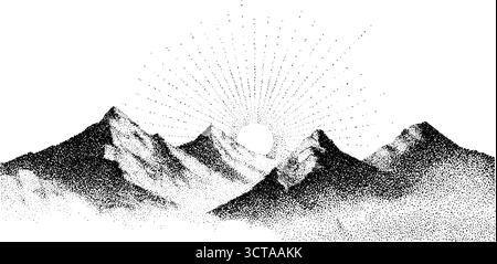 Komplizierte Dotwork-Illustration von überlagerten Bergen mit Sonnenschein-Effekt. Stock Vektor