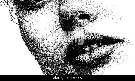 Detaillierte Dotwork-Stipple-Illustration von menschlichem Gesicht Nahaufnahme für künstlerische Gestaltung. Stock Vektor