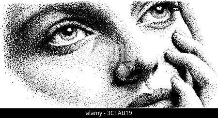 Komplizierte Dotwork-Stippling-Kunst überlappender Augen- und Gesichtsausdrücke. Stock Vektor