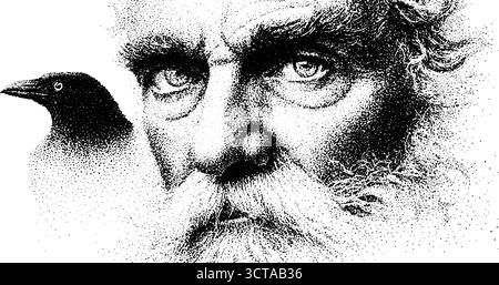 Komplizierte Dotwork-Kunst von odin mit Rabenbegleiter für Mythologie-Enthusiasten. Stock Vektor