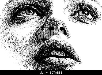 Komplizierte Dotwork-Stippkunst überlappender Augen mit detaillierten Gesichtszügen. Stock Vektor