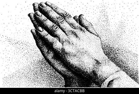 Kompliziertes Stippelkunstwerk betender Hände mit Dotwork-Technik für spirituelles Design. Stock Vektor