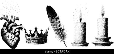 Kompliziertes Set mit Punktmuster und Herz-, Krone-, Feder- und Kerzendesign. Stock Vektor