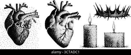 Detaillierte Stippelzeichnung des blutenden Herzens mit Dornenkrone und Kerzenleuchter. Stock Vektor