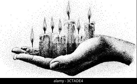 Vintage Dotwork Stipple Illustration von Kerzen mit Flammen zur Hand für Design und Dekoration. Stock Vektor