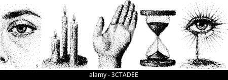 Vintage Dotwork Illustrationsset: Kerzen, Auge, Hand, Sanduhr für Design. Stock Vektor