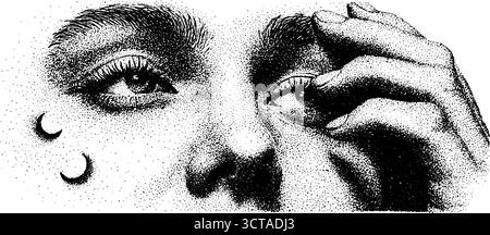 Komplizierte Dotwork- und Stippelkunst mit Mondsichel und menschlichem Ausdruck. Stock Vektor