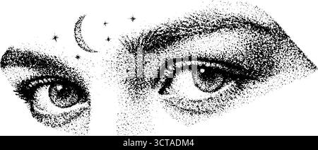 Komplizierte Stippelkunst mit Mondsichel und Augen für einzigartige Designanwendungen. Stock Vektor