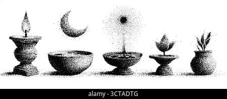 Detaillierte Stipple-Kunstsammlung mit Halbmonden und dekorativen Objekten für Design. Stock Vektor