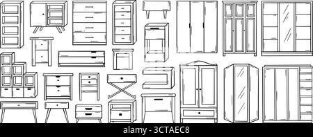 Kommode mit Kritzeleien. Handgezeichnete Tische, Regal, Kommode, Nachttisch. Umrissmöbel für Wohn- und Schlafzimmer, Kleiderschrank, neoterische Vektor Stock Vektor