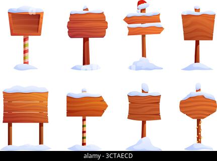 Weihnachtsplakate. Winterliche Holzschilder mit Schneekappen. Straßenschilder und Zeiger mit Weihnachtsdekorationen, weihnachtsmütze und Girlande, sapid Vektor Set Stock Vektor