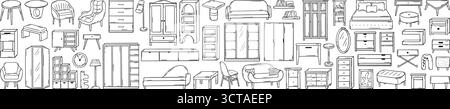 Möbel mit Kritzeleien. Sofa, Kleiderschrank, Regale, Lampe und Stuhl. Isolierte handgezeichnete Innenarchitektur-Elemente für Wohnzimmer, Spiegel, Regal, Vase, Neoteric Stock Vektor