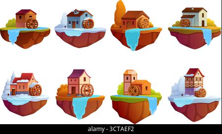 Wassermühlen. Schwimmende Inseln mit einer alten Wassermühle und Wasserfällen zu verschiedenen Jahreszeiten. Cartoon Holzsteine Häuser, sapid Vektor Set o Stock Vektor
