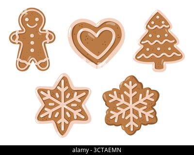 Lebkuchenkekse mit Mann, Herz, Baum und Schneeflocken. Hand gezeichnete Zeichentrickvektorillustration auf weißem Hintergrund Stock Vektor