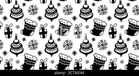 Nahtloses Muster mit Weihnachtsstrümpfen und -Ornamenten. Hand gezeichnet Doodle Linie Kunst Vektor Hintergrund. Stock Vektor