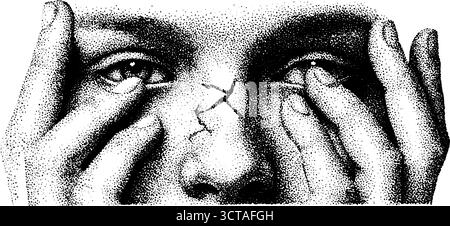 Komplizierte Dotwork-Stipple-Illustration von Händen, die Gesicht für künstlerische Gestaltung bedecken. Stock Vektor