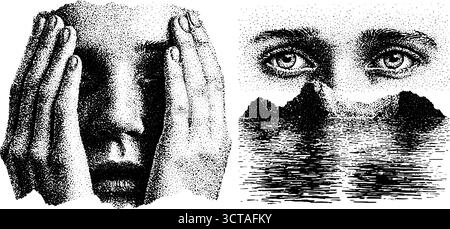 Künstlerische Dotwork-Stippeldarstellung von händehaltenden und reflektierenden Augen in der Landschaft. Stock Vektor