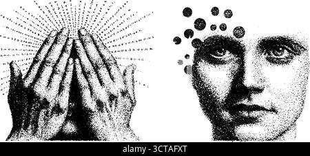 Kreative menschliche Silhouetten-Illustrationen mit komplizierten Dotwork- und Stipple-Kunsttechniken. Stock Vektor