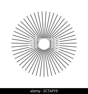 Speichengitter mit strahlenden Streifen. Radiale Strahlungslinien runden. Sonnenaufgang, Sonnenstrahlen. Kreisförmig Linien Balken. Abstrakter geometrischer Vektor mit runder Form Stock Vektor