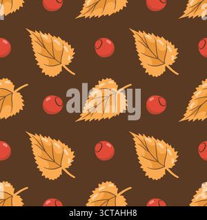 Nahtloses Muster aus Birkenbaumblättern und roten Beeren auf braunem Hintergrund. Herbst Jahreszeit flache Vektor-Illustration für Tapeten, Textil, Stoffe, Statio Stock Vektor