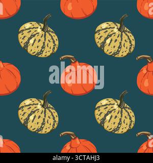 Nahtloses Kürbismuster auf türkisfarbenem Hintergrund. Thanksgiving Herbst Gemüseernte Hintergrund. Süße orange, gelbe, gestreifte Kürbisse. Herbstpat Stock Vektor
