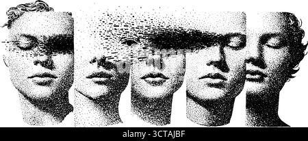 Komplizierte Dotwork-Stipple-Illustration von pixeligen Gesichtern für Kunst- und Designprojekte. Stock Vektor