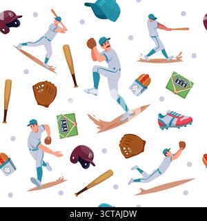 Baseball-Muster. Nahtloser Hintergrund mit Sportwerkzeugen für Baseballspieler Original-Artwork Stock Vektor