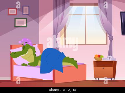 Krokodil im Bett. Reptilien mit Schlafcharakter in gemütlichem Zimmer, originale Kunstwerke Stock Vektor