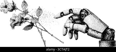 Detaillierte Dotwork-Illustration der Roboterhand mit Rose, die Technologie und Naturkontrast darstellt. Stock Vektor