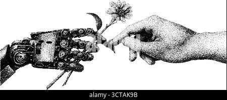 Roboter- und Menschenhand im Dotwork-Stil: Symbol für Verbindung und Technik. Stock Vektor