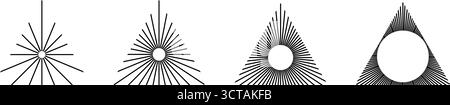 Gerade radiale Linien in Dreiecksform. Satz dreieckiger Sonnenstrahlen. Sonnenschilder. Symbole für Strahlkraft, Sonnenaufgang, Explosion oder Feuerwerk auf weißem Hintergrund. Vektorgrafik. Stock Vektor