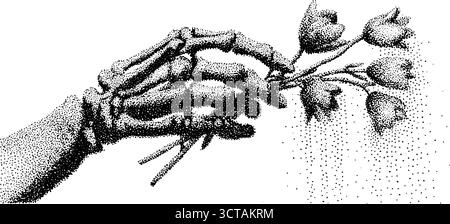 Detaillierte Illustration von Skelett-Hand, die Blumen für Vintage-Kunstdrucke hält. Stock Vektor