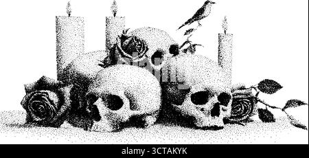 Komplexe Stipple-Kunstkomposition aus Schädeln, Rosen und Kerzen mit Vogelmotiv für einzigartiges gotisches Design. Stock Vektor