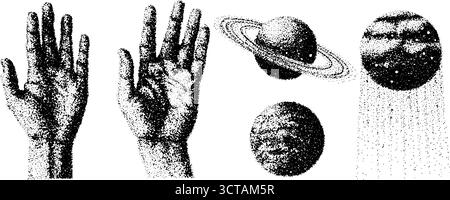 Kosmische Hand- und Planetenforschung in der Dotwork-Stipple-Kunst. Stock Vektor