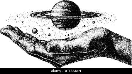 Kompliziertes Dotwork, die Hände, die einen Planeten halten, mit stellaren Karten für die Gestaltung. Stock Vektor
