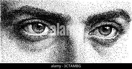 Detaillierte Augenillustration im Stipple-Dotwork-Stil mit dreieckigen Mustern für künstlerisches Design. Stock Vektor