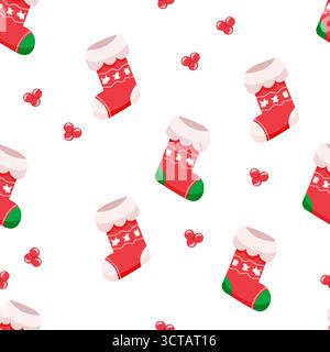 Nahtloses Muster mit Weihnachtssocken und Beeren Stock Vektor