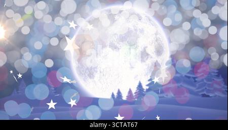 Bild von Sternen und Lichtpunkten über der Winterlandschaft mit Bäumen und Mond zu weihnachten Stockfoto