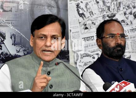 Patna, Indien. Oktober 2025. PATNA, INDIEN – 5. OKTOBER: EU-Minister Nityanand Rai sprach am 5. Oktober 2025 in Patna, Indien auf einer Pressekonferenz im Büro von BJP. (Foto: Santosh Kumar/Hindustan Times/SIPA USA) Credit: SIPA USA/Alamy Live News Stockfoto