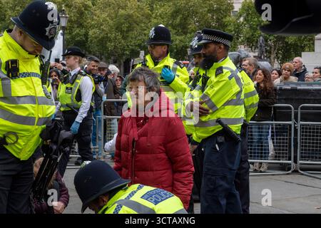 Eine Unterstützerin der Palästinensischen Aktion wurde verhaftet, weil sie ein Schild mit dem Titel „Ich bin gegen Völkermord, ich unterstütze die Palästinensische Aktion“ hielt. Trafalgar Square London. Stockfoto
