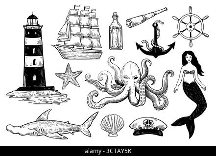 Set von Vintage nautischen Elementen für Design isoliert auf weißem Hintergrund. Stock Vektor