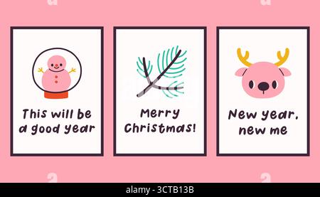 Sammlung von drei einfachen Neujahrs- und Weihnachtsplakaten. Trendige Winter Vektor Poster Set mit Zitaten. Handgezeichnete Kuschelplakate für Wohnkultur Stock Vektor