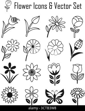 Blumensymbole – Blumen-, Botanik- und Natursymbole in flachem Minimaldesign Stock Vektor