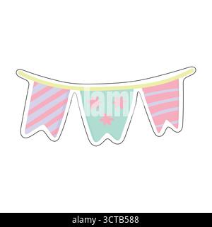 Drei Pastellflaggen auf einer gelben Schnur im Stickerstil. Ideal für Partyeinladungen, Feiern, Bastelarbeiten für Kinder oder festliche Dekorationen. Verspieltes Auto Stock Vektor