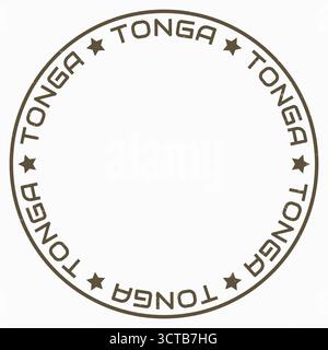 Eine kreisförmige Vektorillustration mit dem Wort „TONGA“, das sich um den Umkreis wiederholt, durch Sterne getrennt, wodurch ein Emblem oder ein stempelähnliches Design entsteht. Stock Vektor