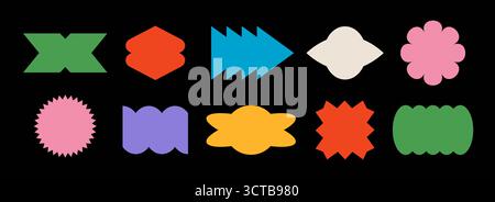 Farbenfrohe Kollektion mit abstrakter Stickerform. Set mit Randelementen im Retro-Pop-Art-Stil. Leuchtend grooviger geometrischer Rahmen für Patch, Abzeichen, Tag, Etikett, Banner, Poster, Aufkleber. Vektor verschiedene Ticket-Bundle Stock Vektor